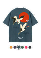 Soot and Ty Flying Crane Print Relaxed Fit Stonewash T-shirt