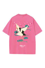 Soot and Ty Dancing Crane Print Relaxed Fit Stonewash T-shirt Pink