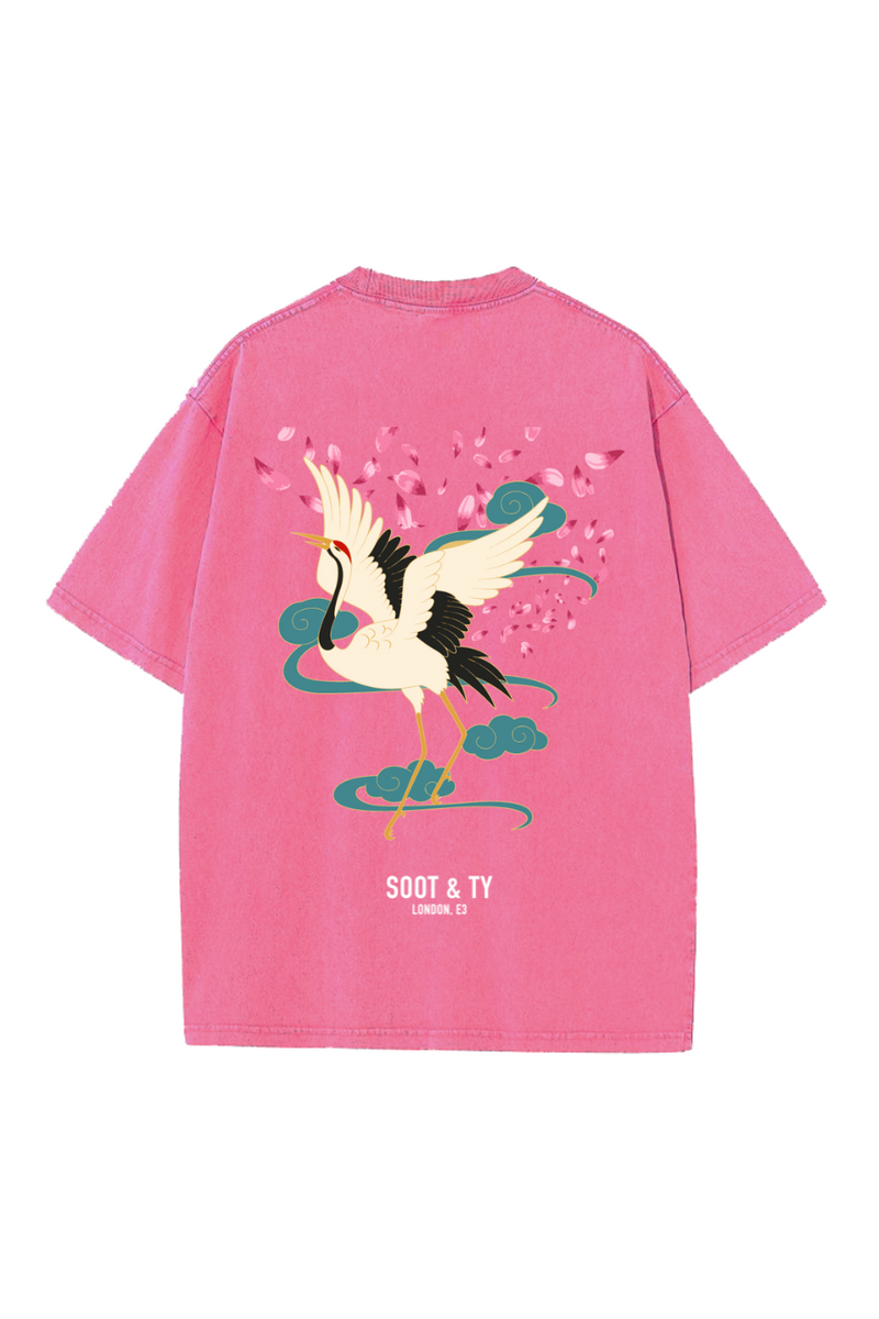 Soot and Ty Dancing Crane Print Relaxed Fit Stonewash T-shirt Pink