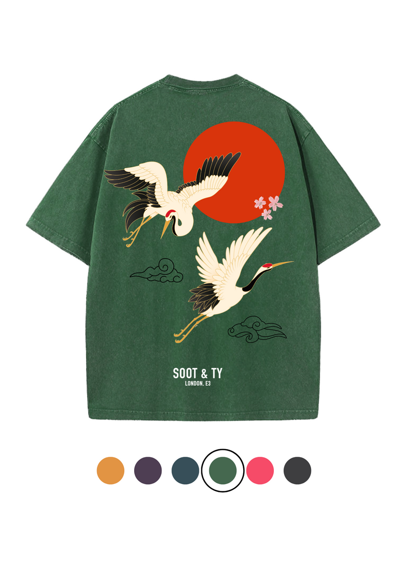 Soot and Ty Flying Crane Print Relaxed Fit Stonewash T-shirt