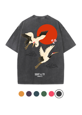 Soot and Ty Flying Crane Print Relaxed Fit Stonewash T-shirt