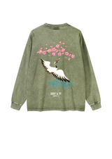 Soot and Ty Green Pretty Crane Print Stonewash Long Sleeve T-shirt