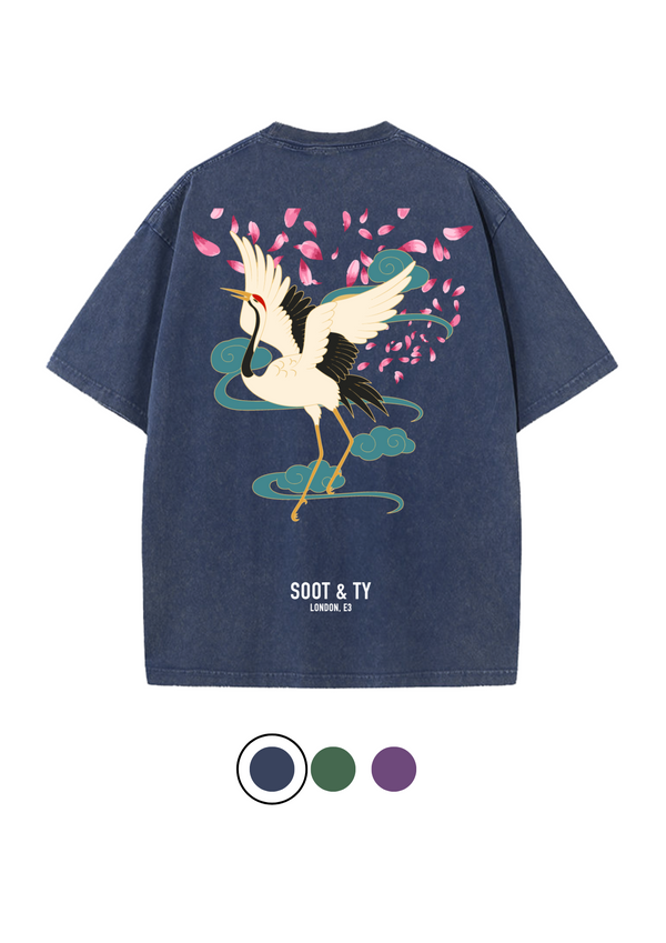 Soot and Ty Dancing Crane Print Relaxed Fit Stonewash T-shirt