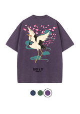 Soot and Ty Dancing Crane Print Relaxed Fit Stonewash T-shirt