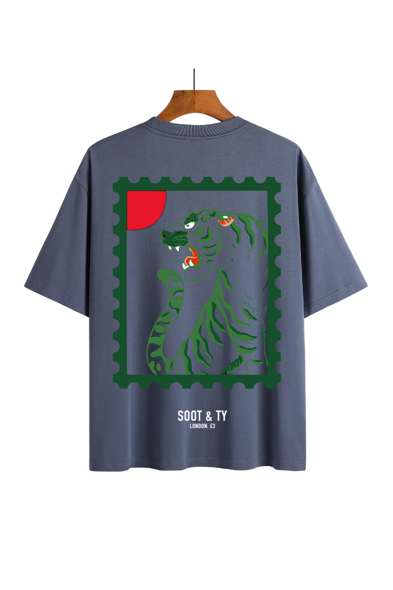 Soot and Ty Green Tiger Stamp Print Relaxed Fit T-Shirt