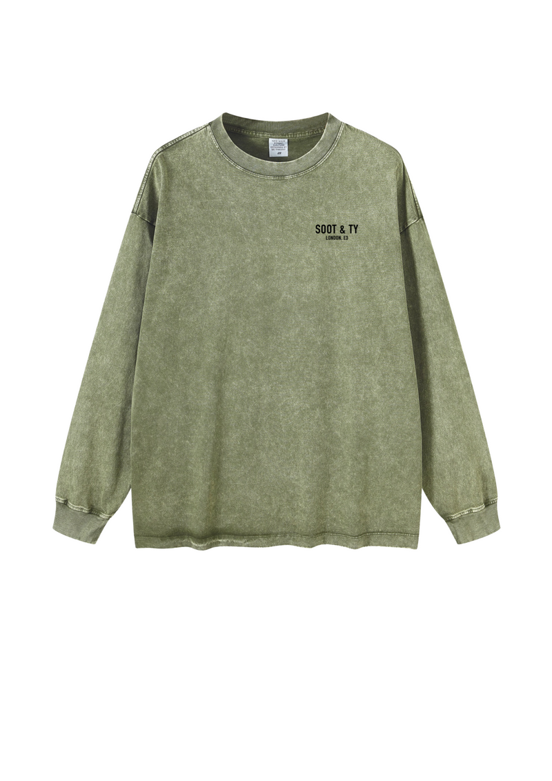 Soot and Ty Green Pretty Crane Print Stonewash Long Sleeve T-shirt