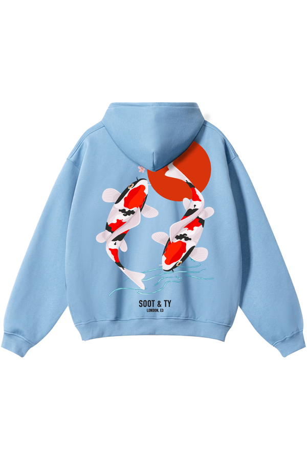 Soot and Ty Reflective Koi Print Relaxed Fit Light Blue Hoodie