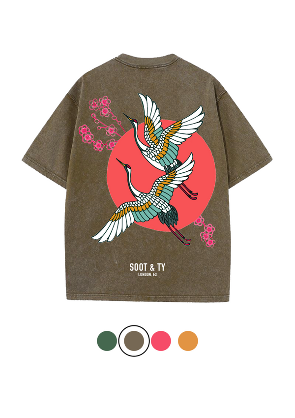 Soot and Ty Cherry Crane Print Relaxed Fit Stonewash T-shirt