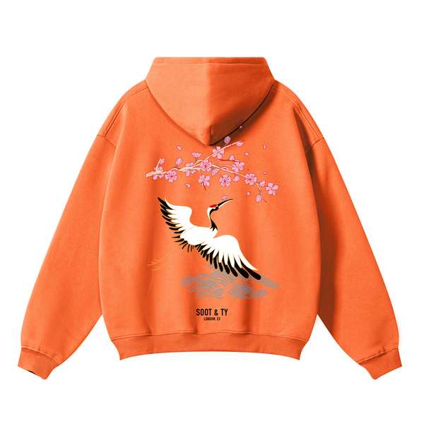 Soot and Ty Reflective Crane Blossom Print Relaxed Fit Orange Hoodie