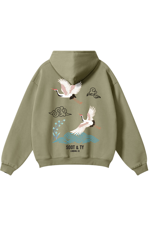 Soot and Ty Reflective Crane Print Relaxed Fit Khaki Hoodie