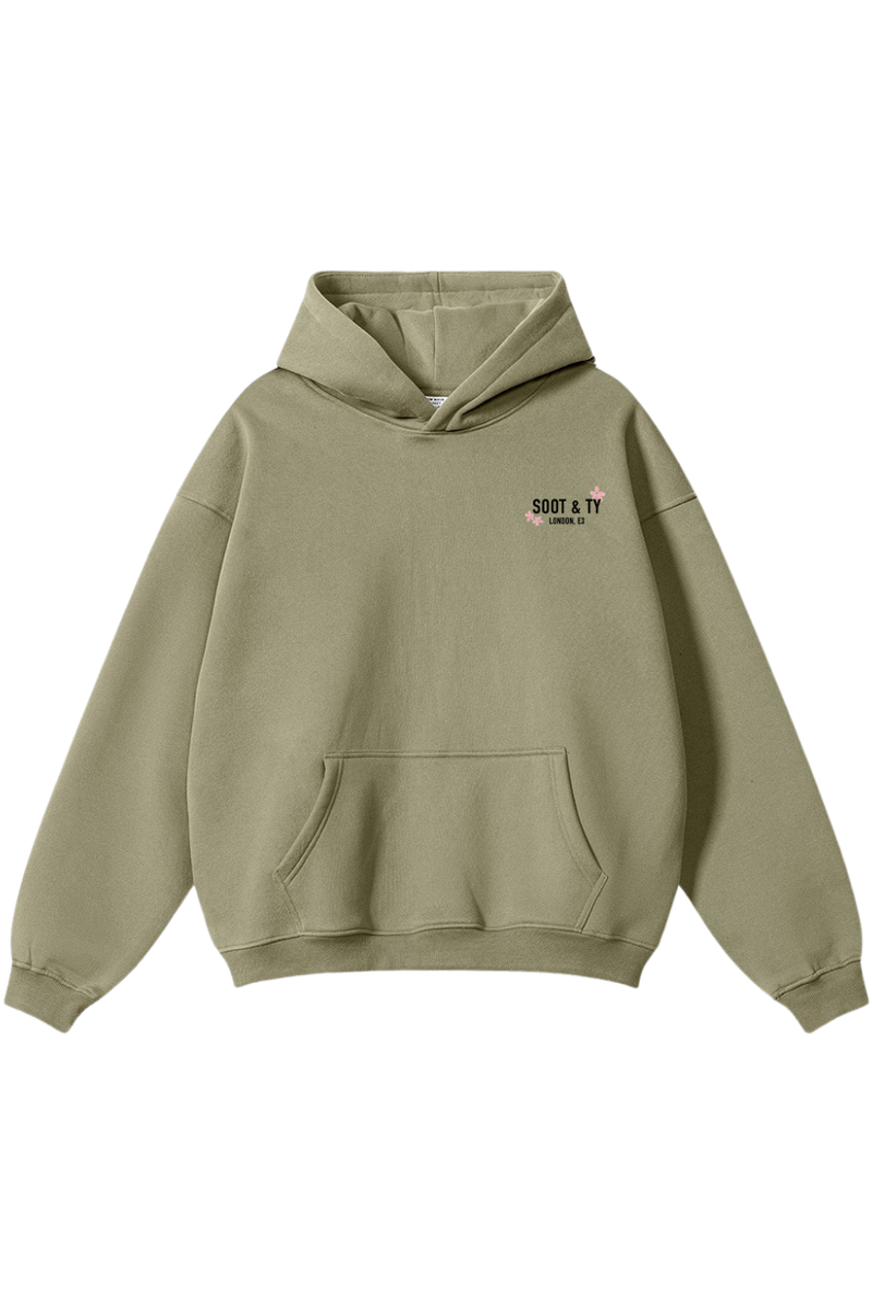 Soot and Ty Reflective Crane Print Relaxed Fit Khaki Hoodie