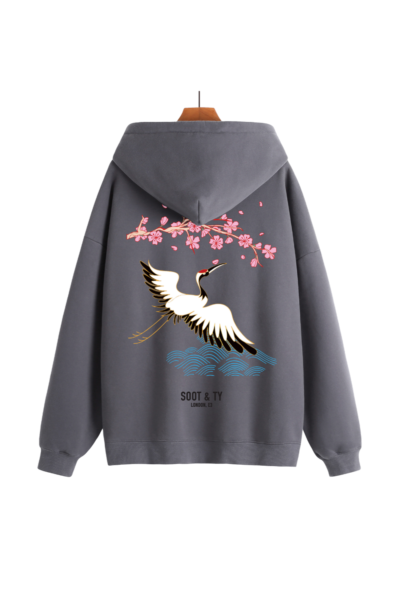 Soot and Ty Reflective Cherry Blossom Crane Print Relaxed Fit Grey Hoodie