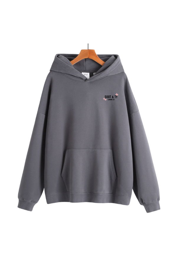 Soot and Ty Reflective Cherry Blossom Crane Print Relaxed Fit Grey Hoodie