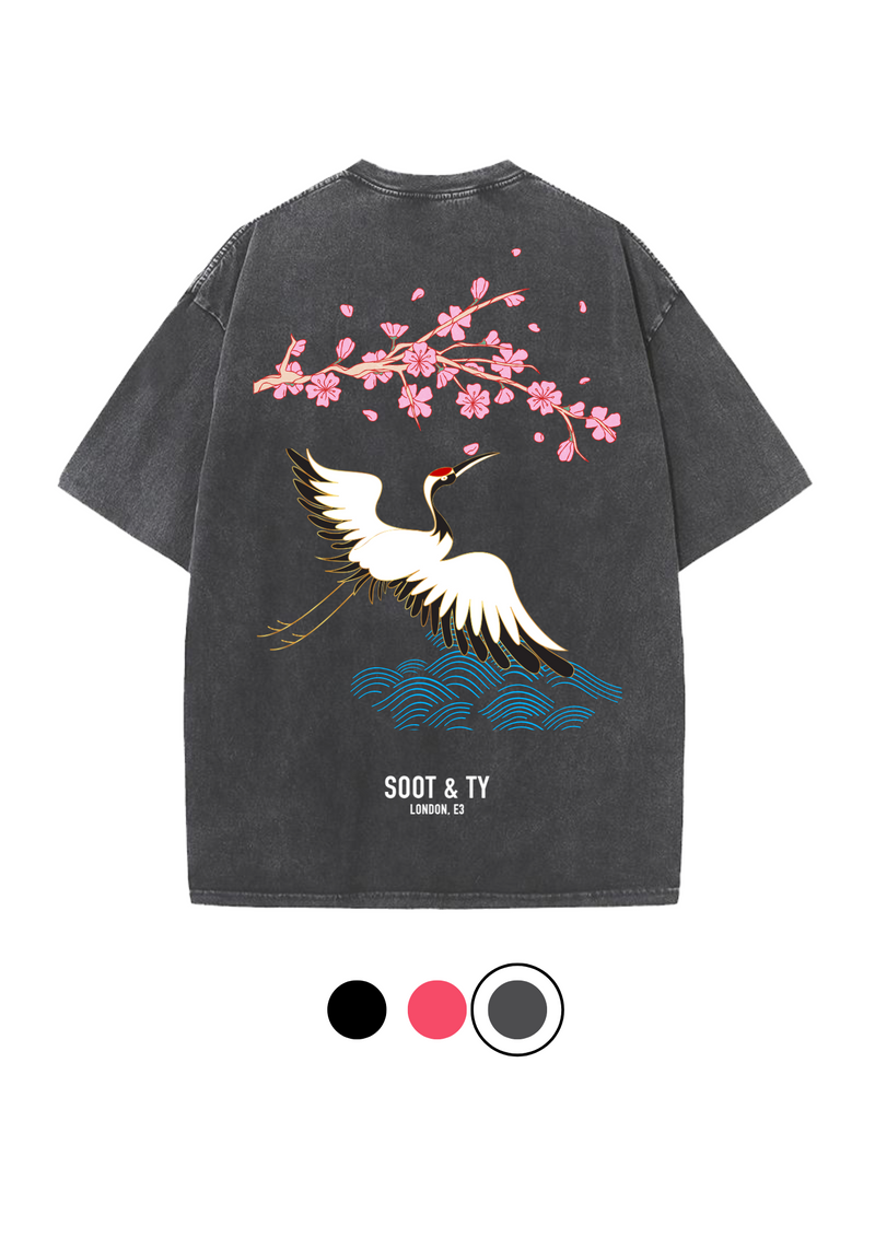 Soot and Ty Pretty Crane Print Relaxed Fit Stonewash T-shirt