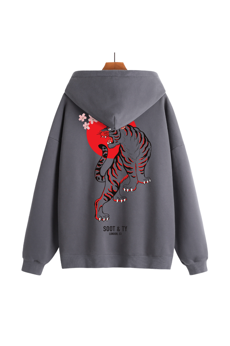 Soot and Ty Reflective Tiger Print Relaxed Fit Grey Hoodie