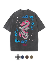 Soot and Ty Floral Dragon Print Relaxed Fit Stonewash T-shirt