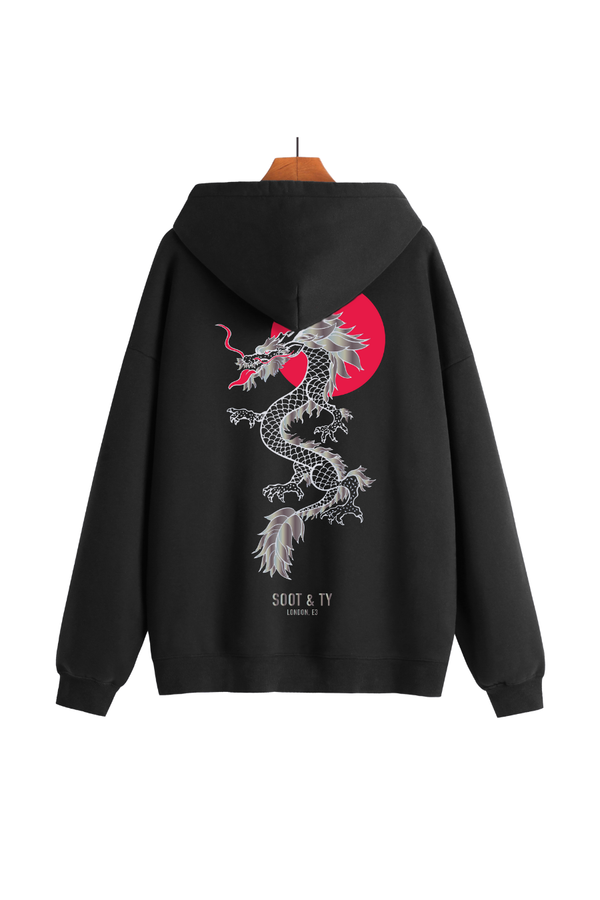 Soot and Ty Reflective Dragon Print Relaxed Fit Black Hoodie