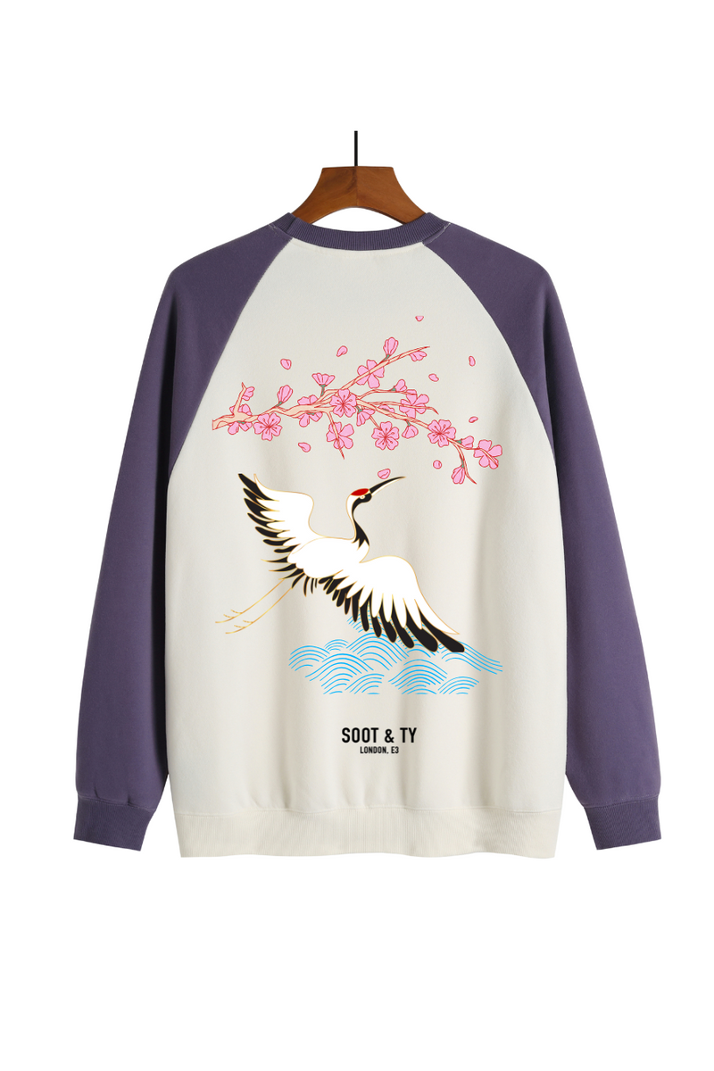 Soot and Ty Reflective Pretty Crane Print Raglan Sweatshirt Purple