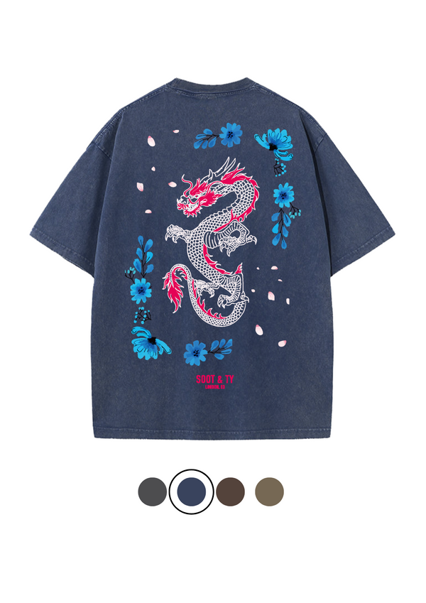 Soot and Ty Floral Dragon Print Relaxed Fit Stonewash T-shirt