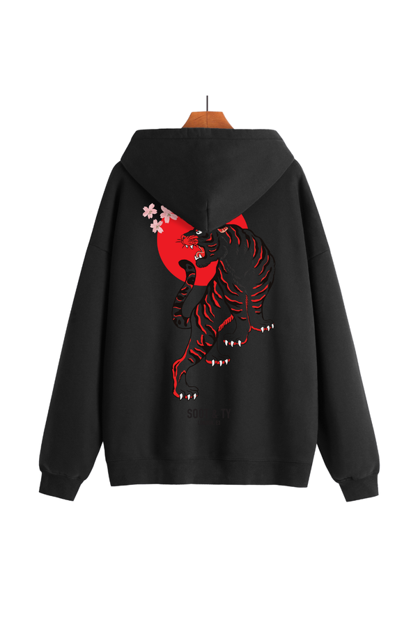 Soot and Ty Reflective Tiger Print Relaxed Fit Black Hoodie