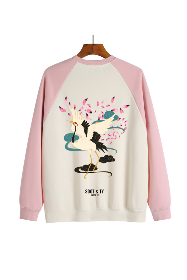 Soot and Ty Reflective Dancing Crane Print Raglan Sweatshirt Light Pink