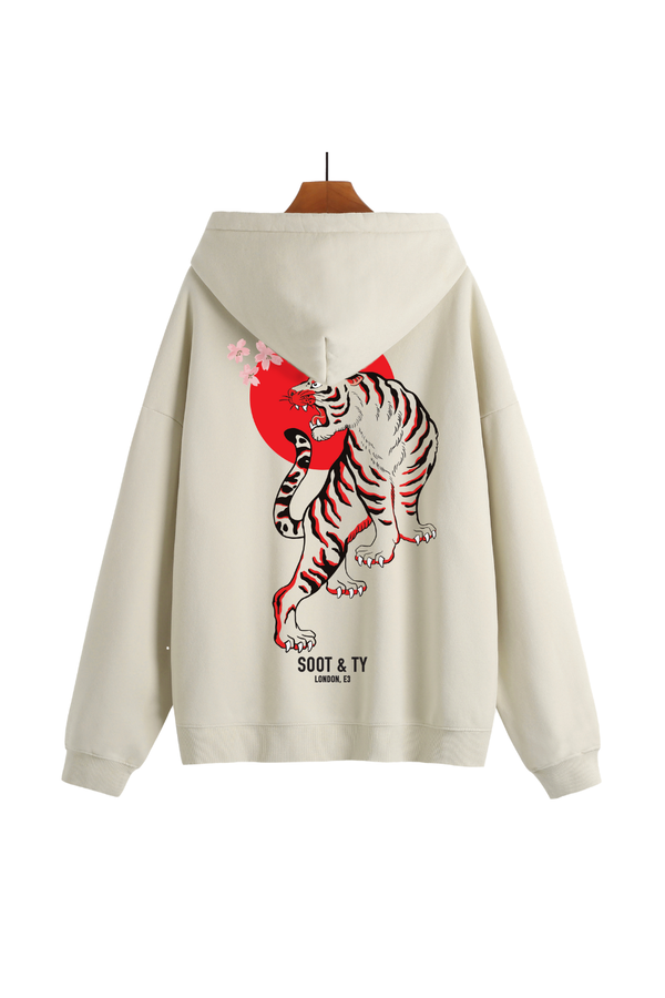 Soot and Ty Reflective Tiger Print Relaxed Fit Cream Hoodie