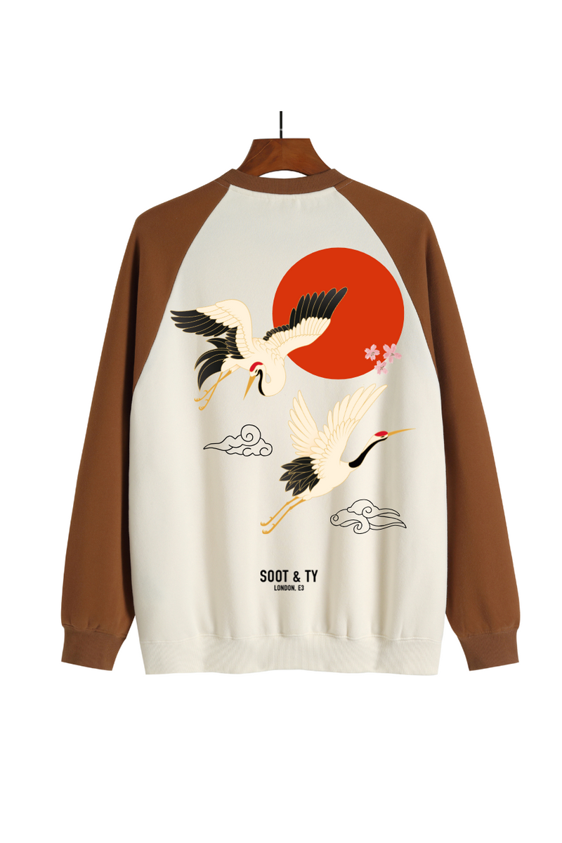 Soot and Ty Reflective Flying Crane Print Raglan Sweatshirt Brown