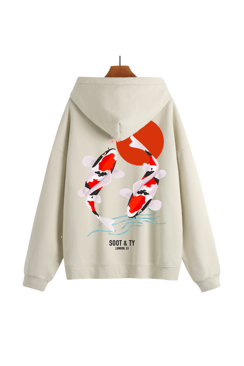 Soot and Ty Reflective Koi Print Relaxed Fit Cream Hoodie