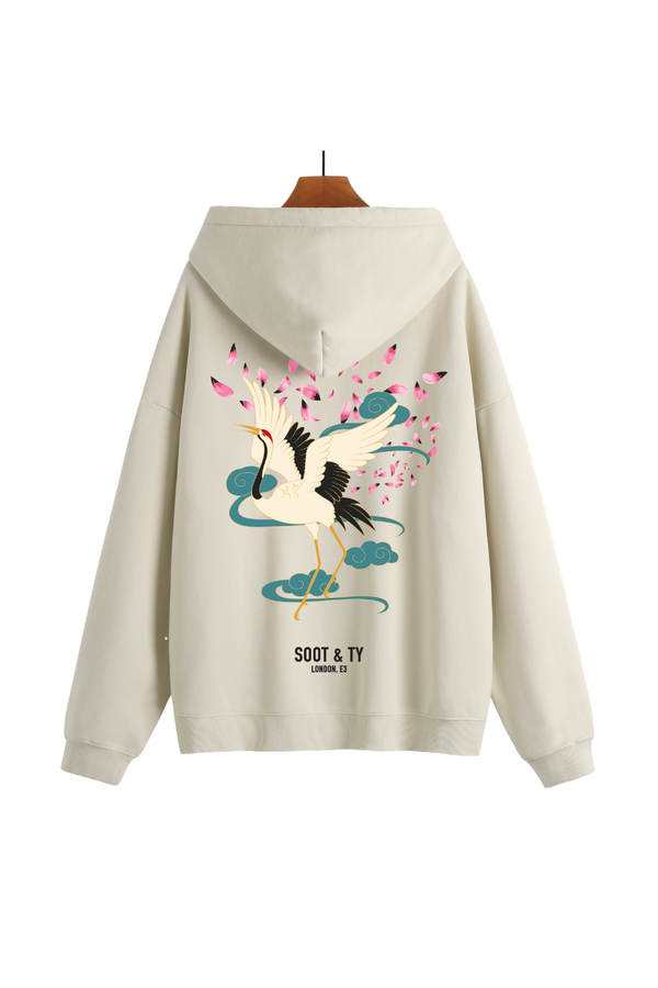 Soot and Ty Reflective Dancing Crane Print Relaxed Fit Cream Hoodie