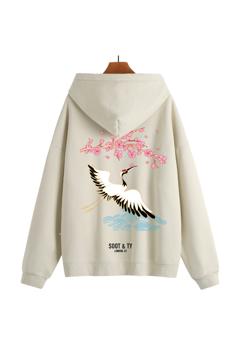 Soot and Ty Reflective Pretty Crane Print Relaxed Fit Cream Hoodie