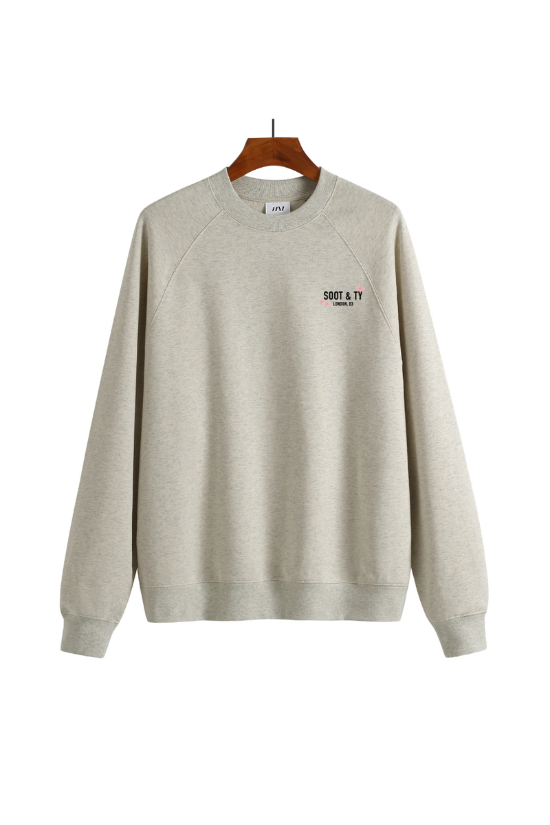 Soot and Ty Reflective Flying Crane Print Relaxed Fit Beige Sweatshirt