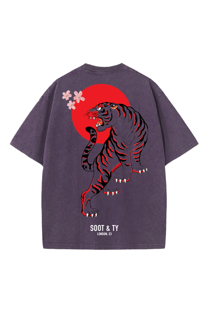 Soot and Ty Tiger Print Relaxed Fit Stonewash T-shirt Purple