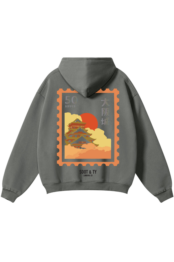 Soot and Ty Reflective Osaka Palace Print Relaxed Fit Grey Hoodie