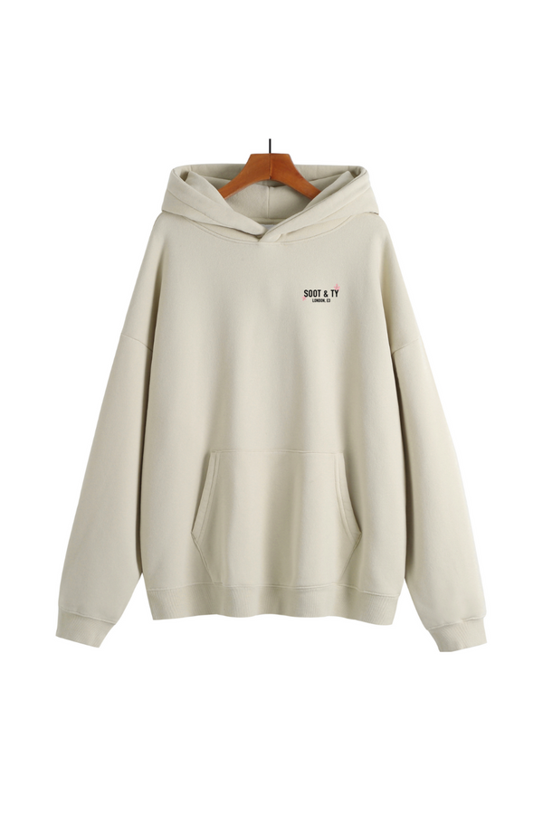 Soot and Ty Reflective Pretty Crane Print Relaxed Fit Cream Hoodie