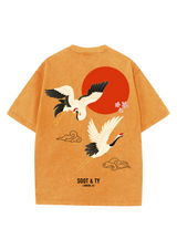 Soot and Ty Flying Crane Print Relaxed Fit Stonewash Yellow T-shirt