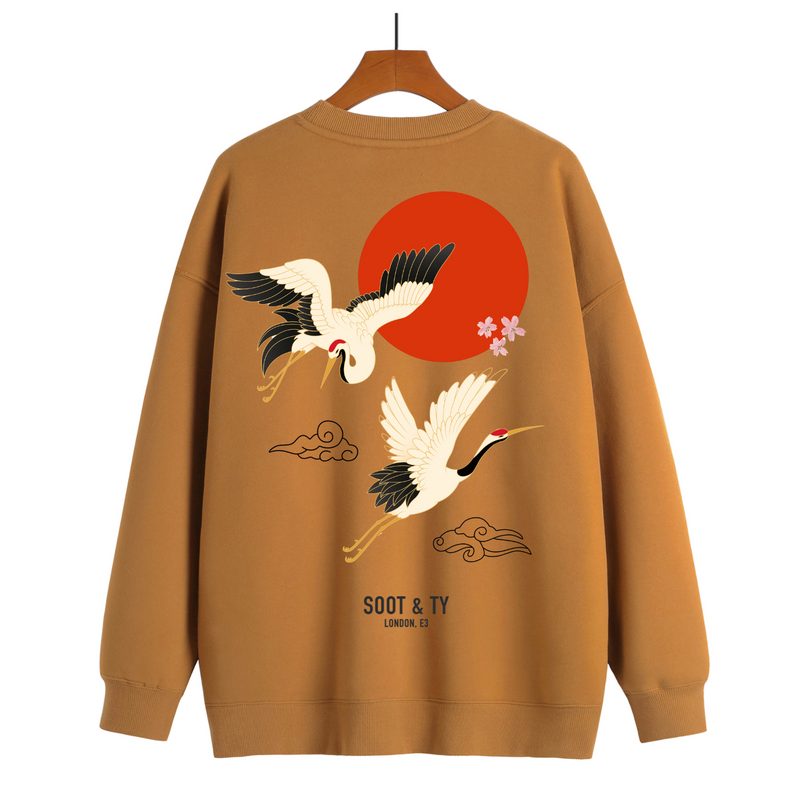 brown sweatshirts flying cranes