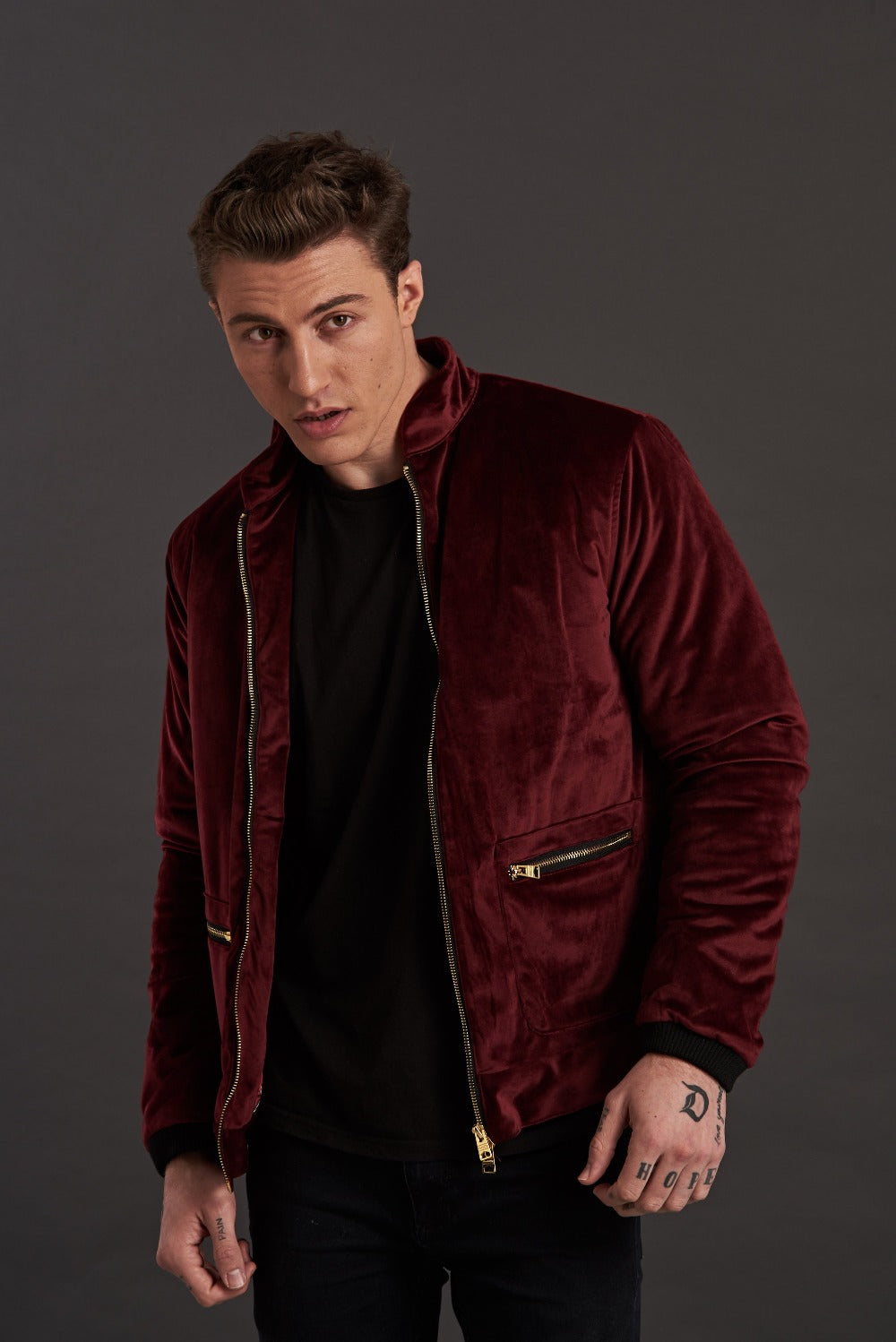 Mens red velvet bomber jacket best sale